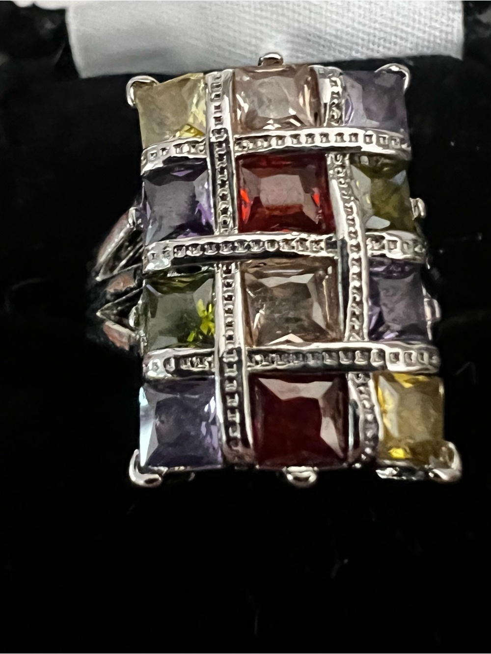 Multi-Gemstone Square Statement Ring - Silver Tone - Picture 6 of 12